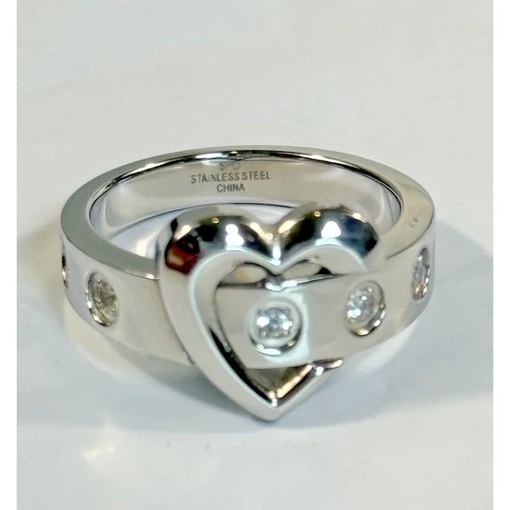 SMD Y2K Stainless Steel Crystal Heart Belt Buckle Ring Size 10 McBling